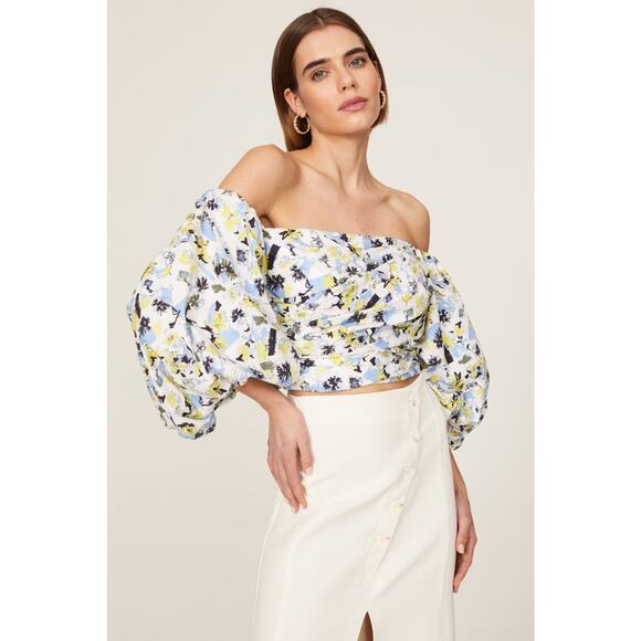 TANYA TAYLOR Blue Floral Cotton Off Shoulder Puff Sleeves Alondra Top Size 2 - Picture 2 of 14